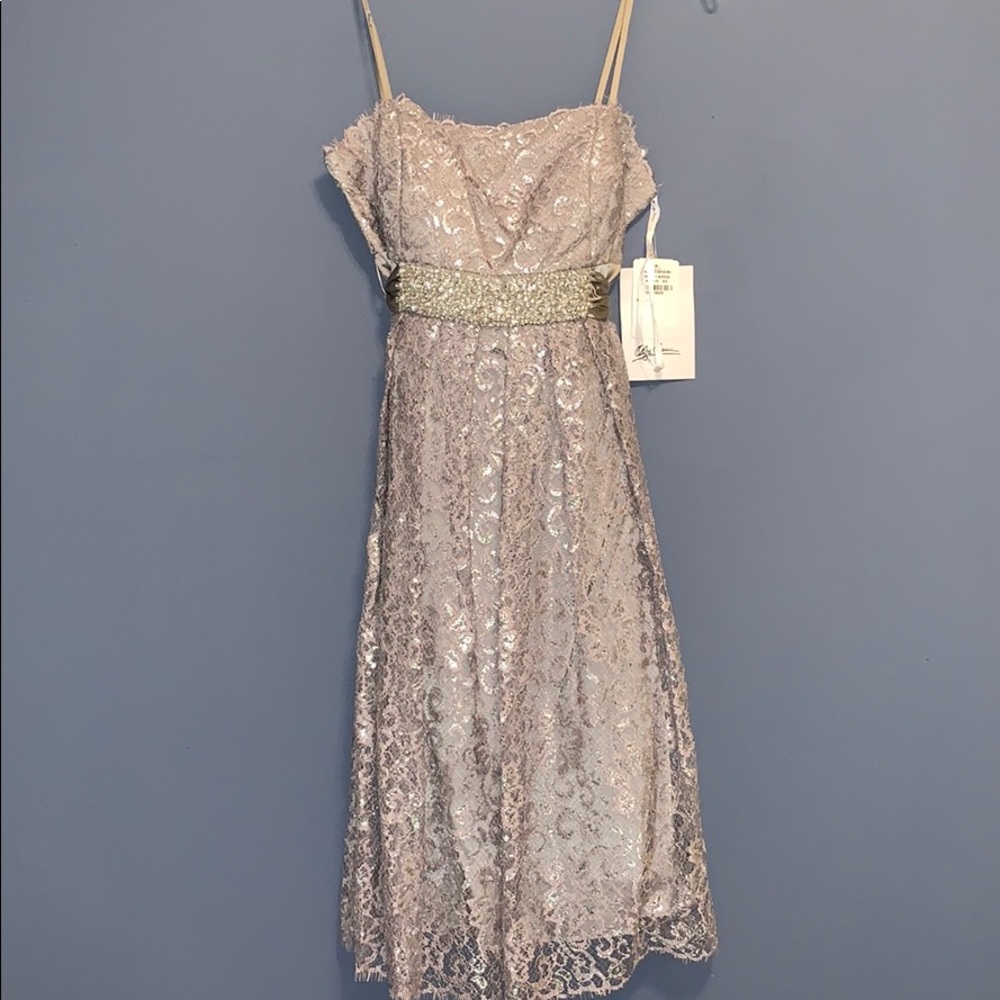 Silver Lace Cocktail Dress with Bow in back
